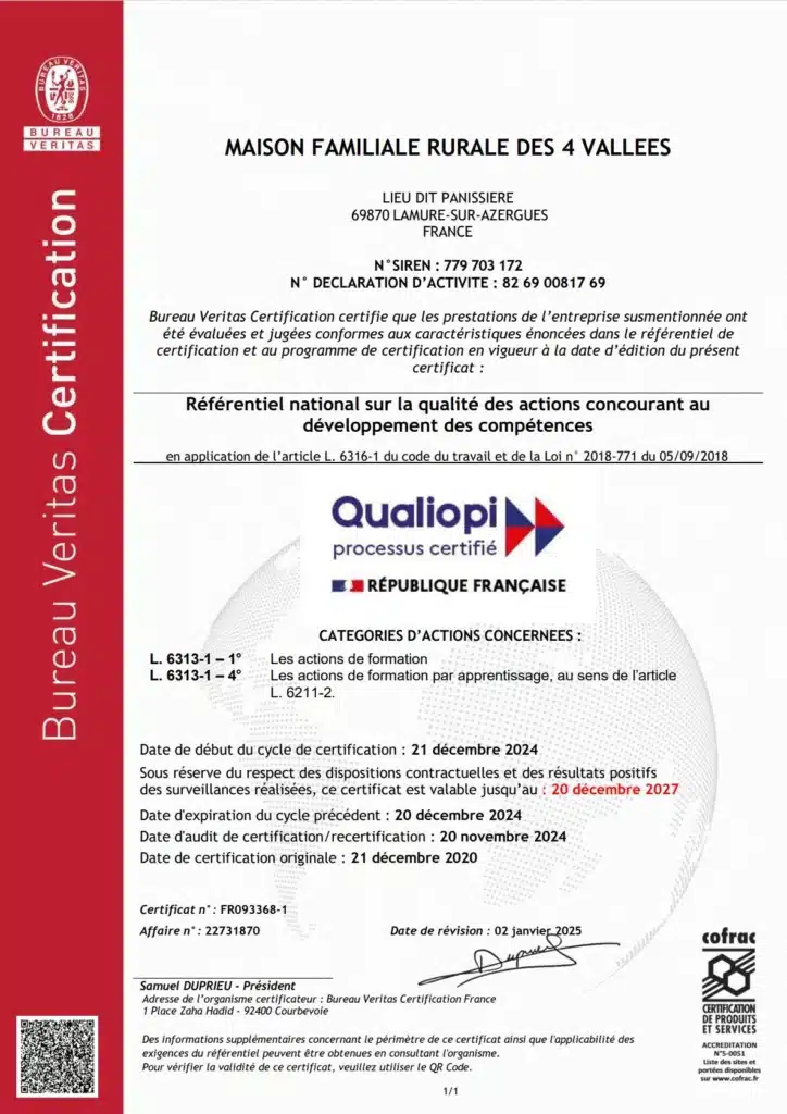 attestation qualiopi mfr des 4 vallees certifiee par bureau